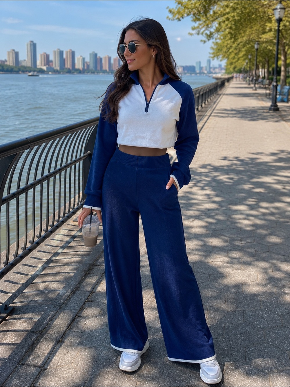 Hippie Rose Navy & White Cropped Pullover with Wide-Leg Pants Set